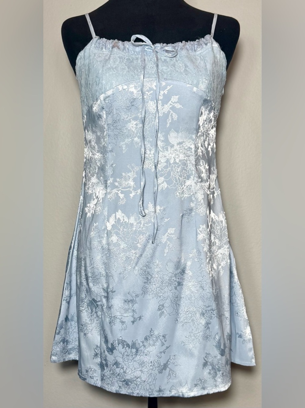 Cider, Light Blue Floral Satin Mini Slip Dress Coquette Fairy, Size Medium